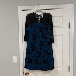 Elegant Motherhood Maternity Black Velvet and Blue Floral Dress